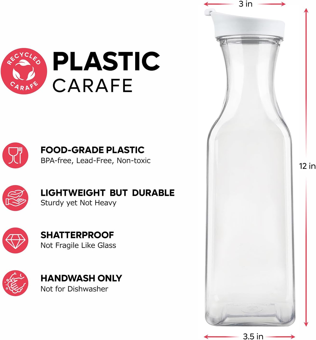 GUSTO [50 oz - 8 Pack] Plastic Carafe with Lid, Large Capacity Square Base - Clear Pitcher with Flip Top Lid, Easy-Pour Spout Juice Containers with Lids - Perfect for Mimosa Bar, Water, and Cold brew