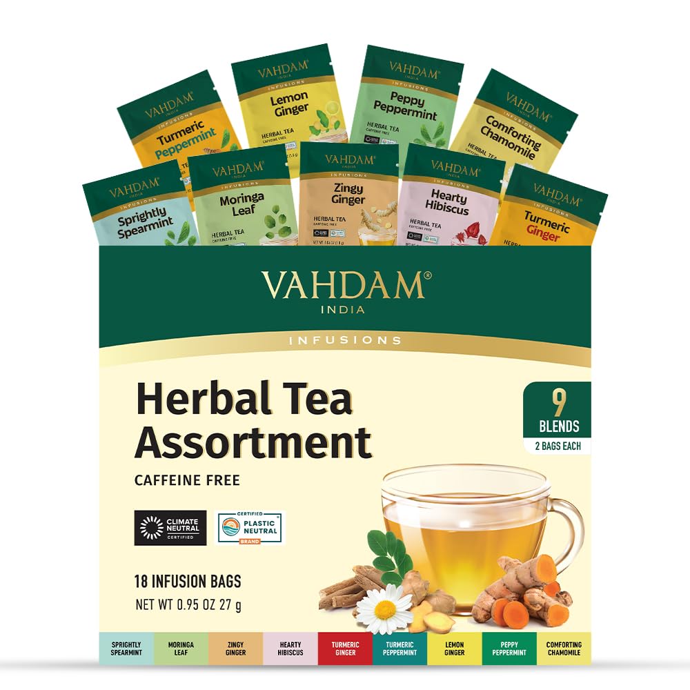 VAHDAM, Assorted Herbal Tea Sampler (18 Tea Bags, 9 Flavors) Caffeine-Free, Non-GMO | Double Infusion, Individually Enveloped Tea Bags | Herbal Tea Assortment