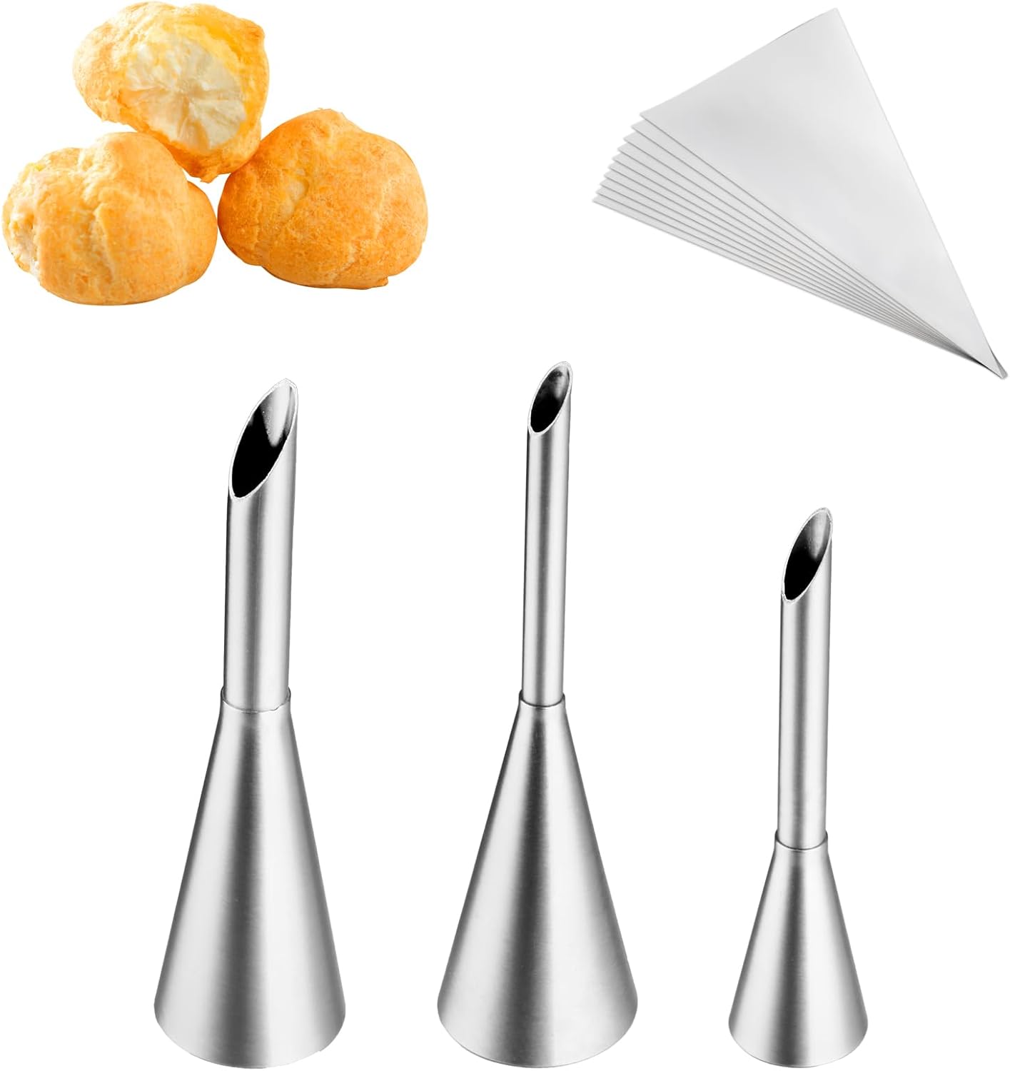 3Pcs Cream Icing Piping Nozzle Tips,Stainless Steel Long Puff Nozzle Tip With 10Pcs Disposable Piping Bags,Puff Pastry Filling Cake Decorating Tools