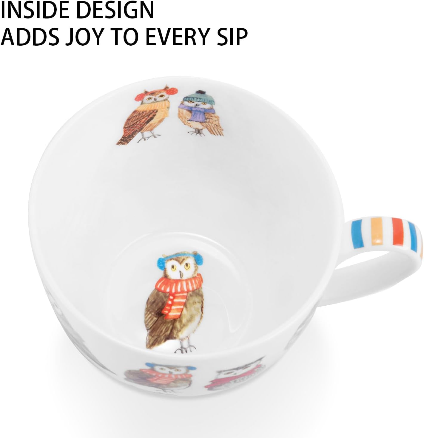 Cute Owl Coffee Mug, 20 oz Premium Bone China Mug with Charming Owls in Color Scarves and Hats—Cozy, Wise, and Perfect for Bird Enthusiasts, Designed in England by Harvest Green Studio