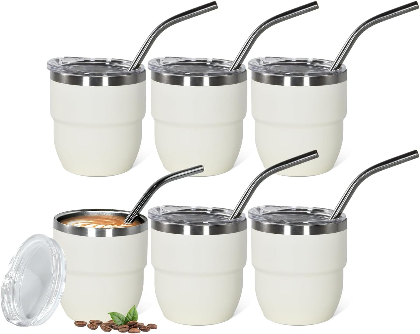 4oz Stackable Cup, Vacuum Insulated Espresso Cup Set of 6, Espresso Shot Glass for Coffee, Double Wall Stainless Steel Mini Tumbler Shot Glasses with Straw and Lid (A-white6P, 4oz)