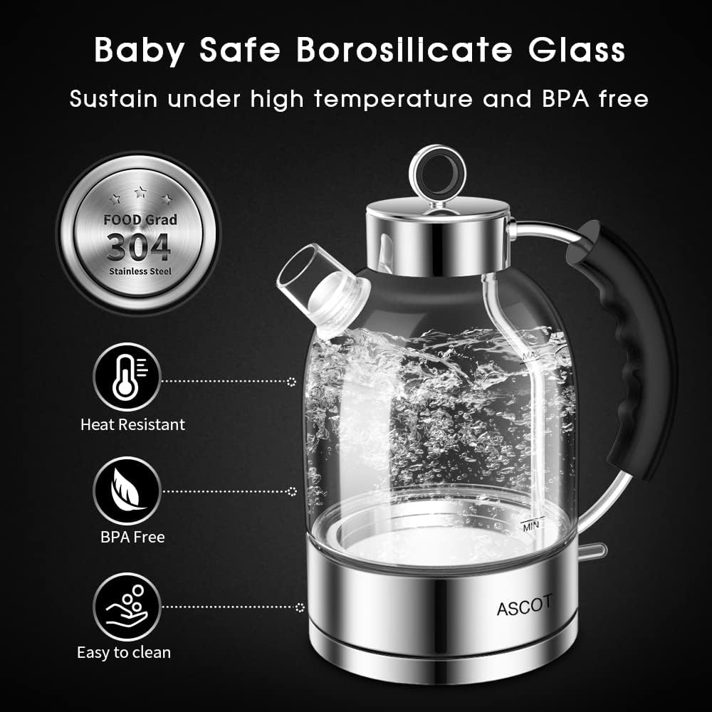 ASCOT Electric Kettle, Glass Electric Tea Kettle Gifts for Men/Women/Family 1.5L 1500W Borosilicate Glass Tea Heater, with Auto Shut-Off and Boil-Dry Protection (Silver)