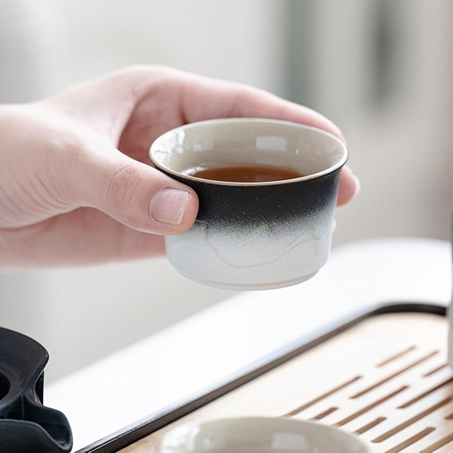 LURRIER Gongfu tea sets, Portable Ceramic TeaSet, Asian Tea sets for adult, Tea Gift sets, Grey leather case, Portable Travel Bag,Home,Gifting,Outdoor and Office(Black and White)