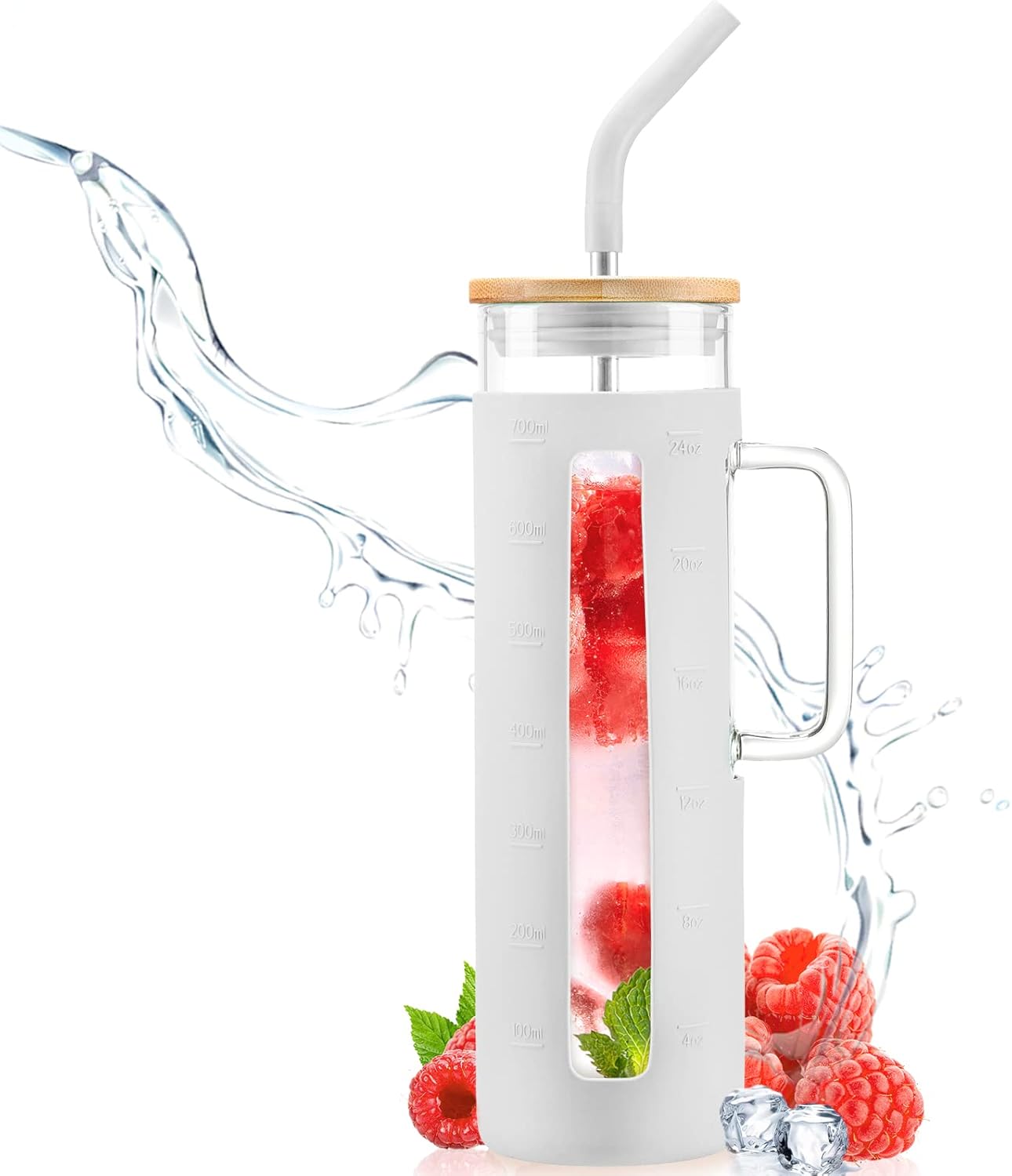 Kodrine Tumbler with Lid and Straw, 24 oz Glass Tumbler with Handle, Iced Coffee Cup Boba Smoothie Cup, Coffee Tumbler Water Tumbler Cups with Bamboo Lid Home Office Tumblers, White