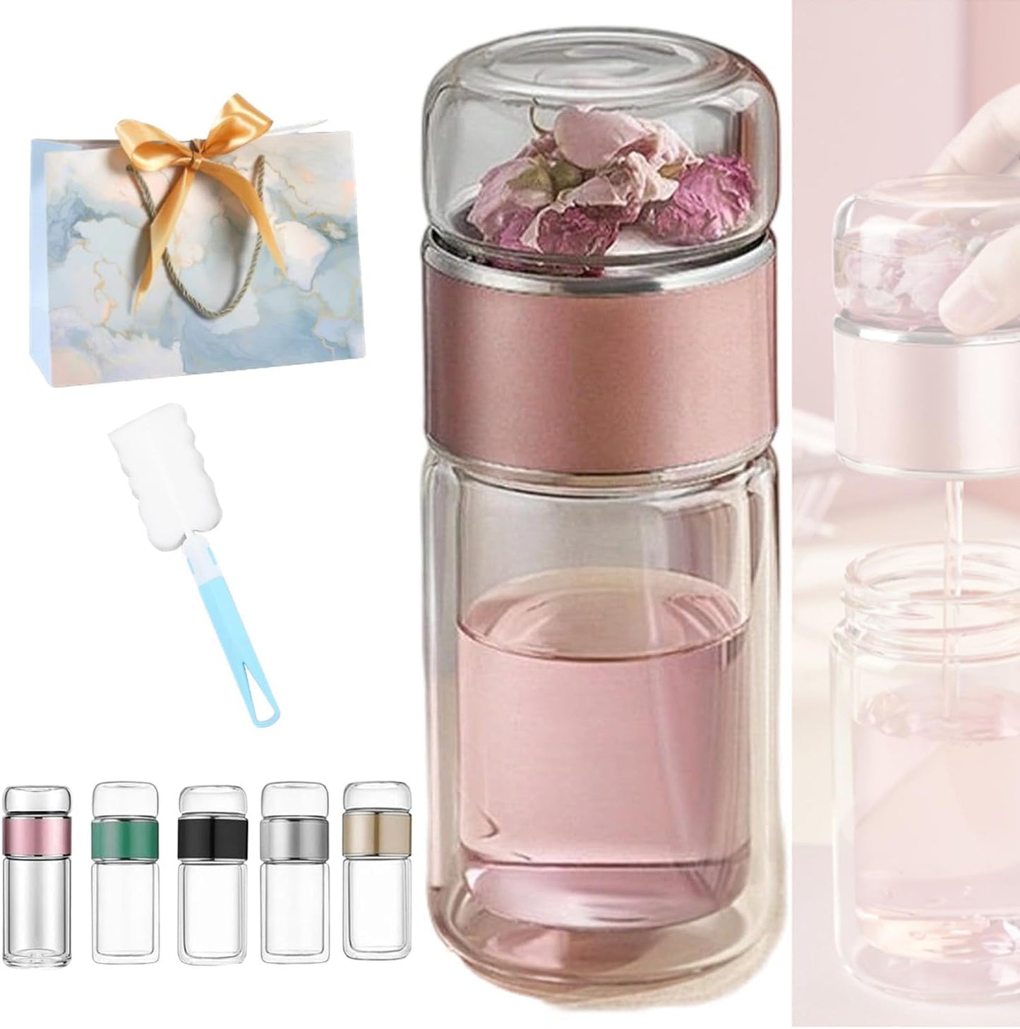 Tryteava Glass Infuser, Tryteava 3-in-1 Smart Tea Infuser, Portable Glass Double Wall Tea Infusers Bottle, with Stainless Steel Filter, Hot & Cold Brew, For Loose Leaf, Office Home (Pink, 420ml)