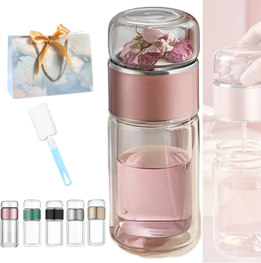Tryteava Glass Infuser, Tryteava 3-in-1 Smart Tea Infuser, Portable Glass Double Wall Tea Infusers Bottle, with Stainless Steel Filter, Hot & Cold Brew, For Loose Leaf, Office Home (Pink, 420ml)