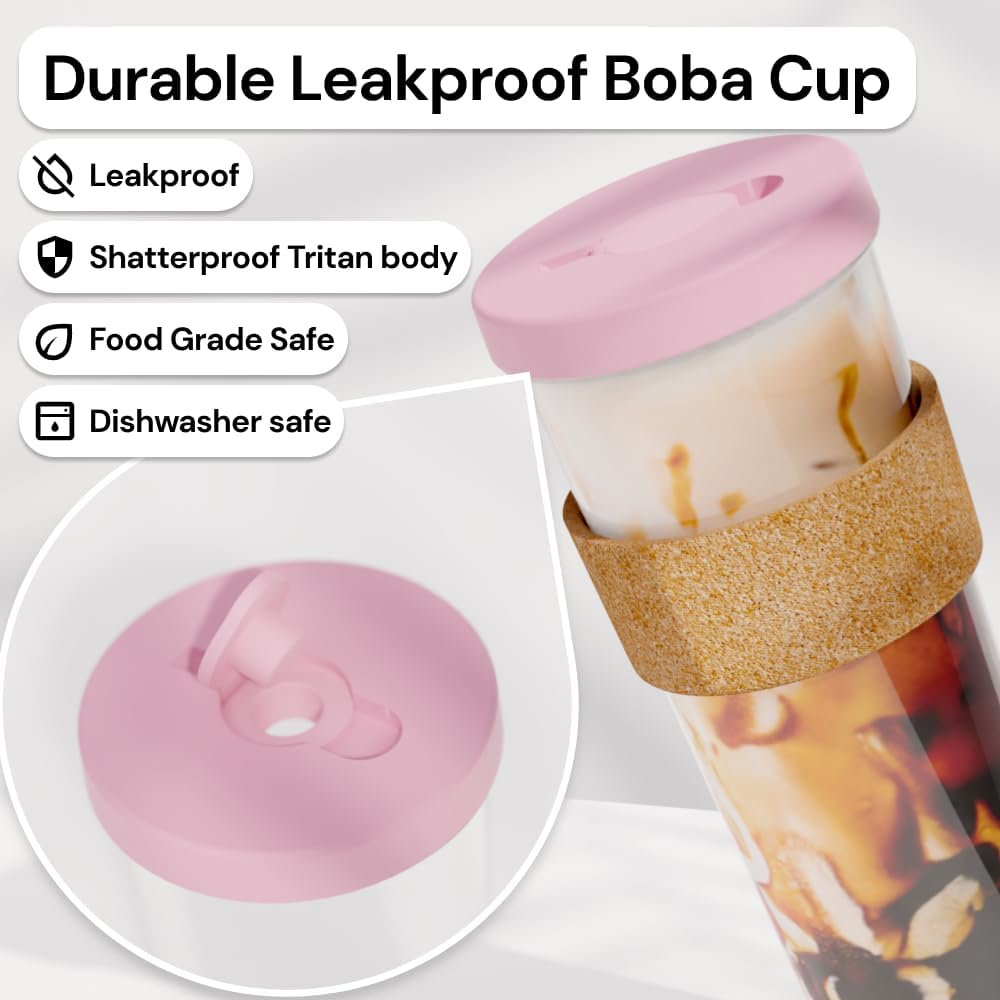 Dodoko Reusable Boba Cup with Straw - Iced Coffee & Smoothie Tumbler 24 oz - Bubble Pink