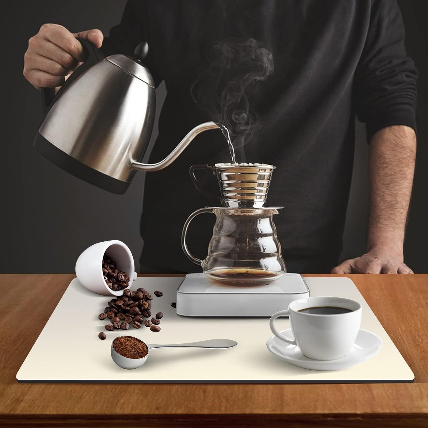 ZLR Coffee Mat - 16" x 20" Large Kitchen Hide Stain Absorbent Dish Drying Mat for Countertop - Easy to Clean Coffee Bar Mat for Espresso Machine and Spill Protection - Creamy