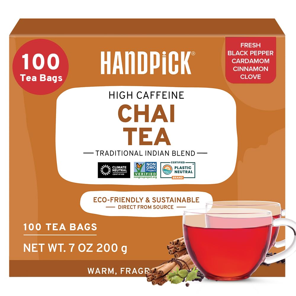 HANDPICK Masala Chai Tea Bags (100 Count) Strong Robust & Aromatic, Blended with Exotic Spices, Cinnamon, Black Pepper, Cloves & Cardamom - Premium Quality Eco-conscious Round Bags