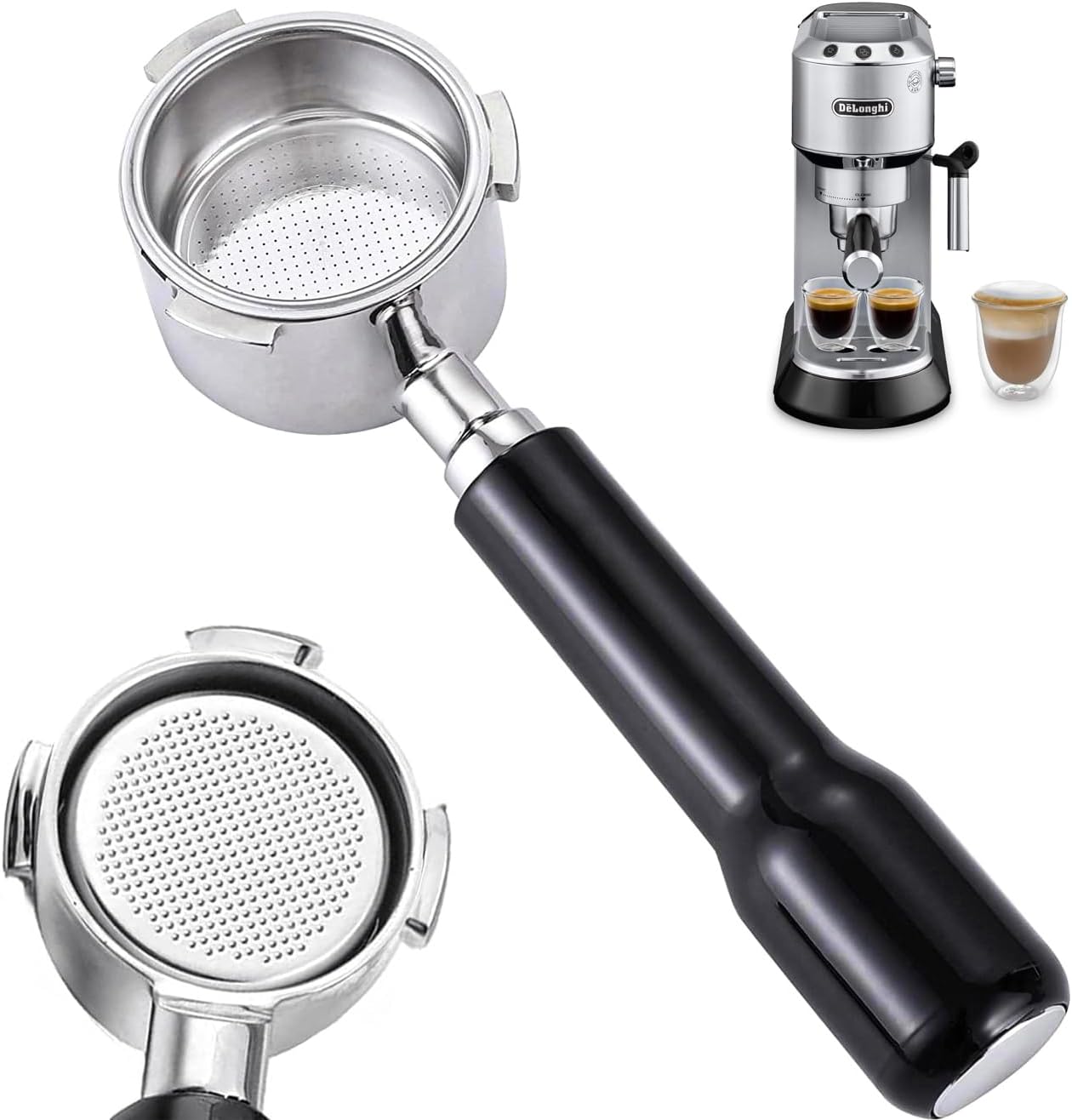 51mm Bottomless Portafilter for Delonghi Dedica EC680, EC685,SMEG and EUPA Coffee Machines, 3-Ear Design, Stainless Steel 51mm portafilter with Stainless Steel Double Shot Capacity Cup Filter Basket