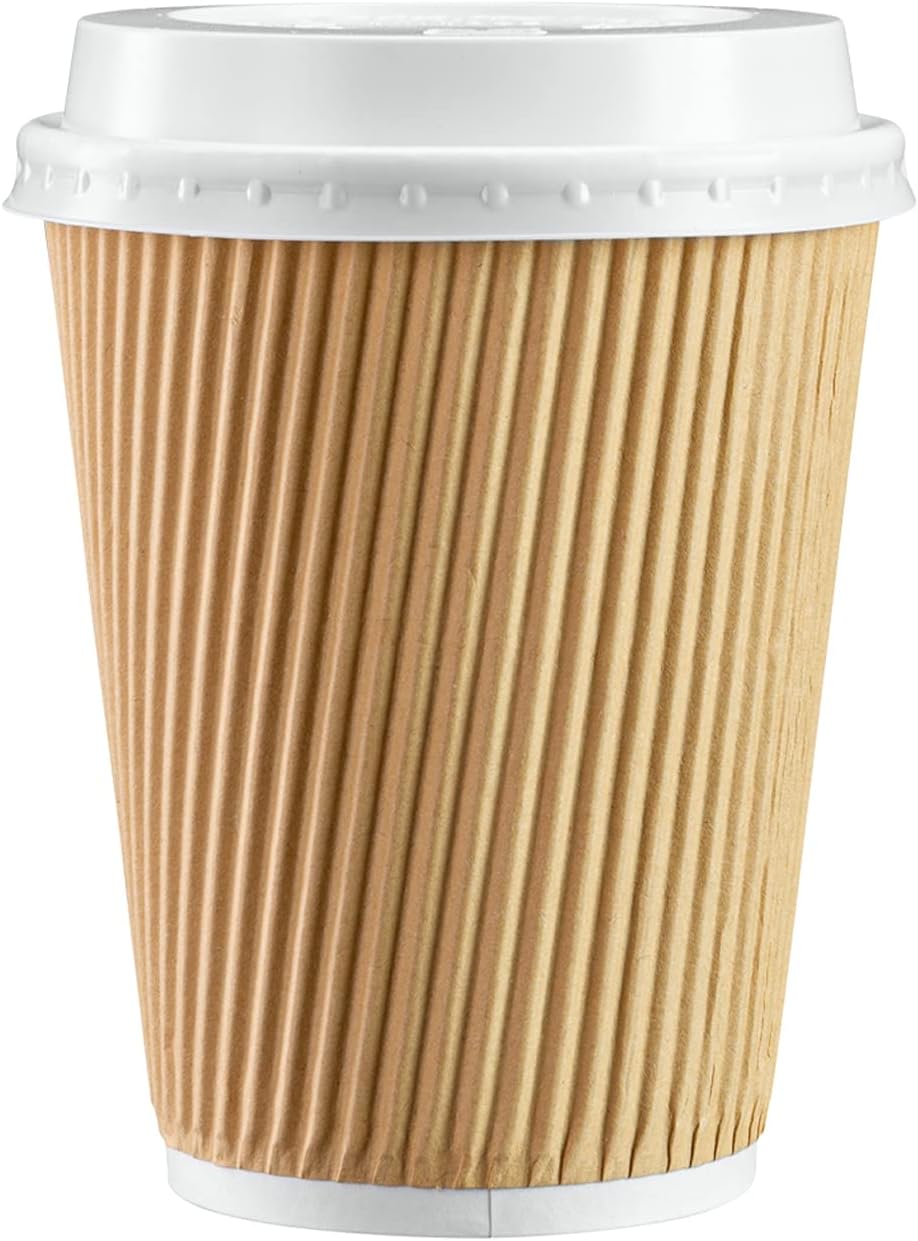 GUSTO [12 oz. - 100 Count Insulated Kraft Ripple Paper Hot Cups, Disposable Coffee Cups With Lids - Ideal for Hot Beverages, Travel, and Office Use (Formerly Comfy Package)