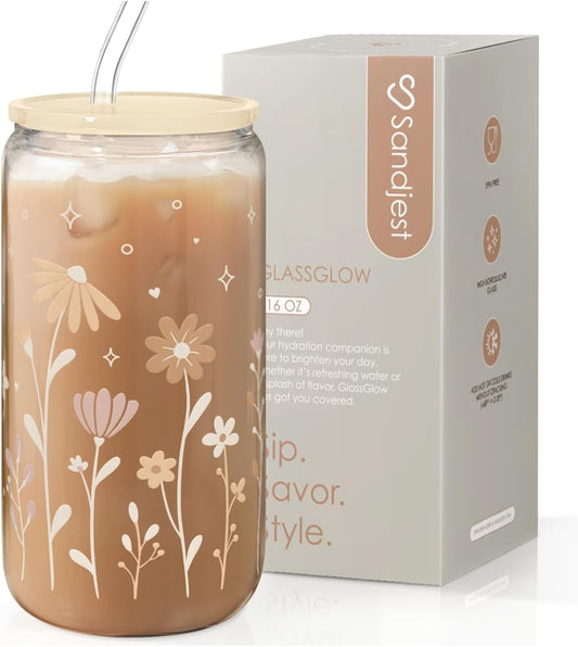 SANDJEST Flower Glass Can, Floral Cup with Lid & Straw, Iced Coffee Aesthetic Cups, Idea Gift for Christmas Birthday Mother Day, Gifts for Women, 16oz