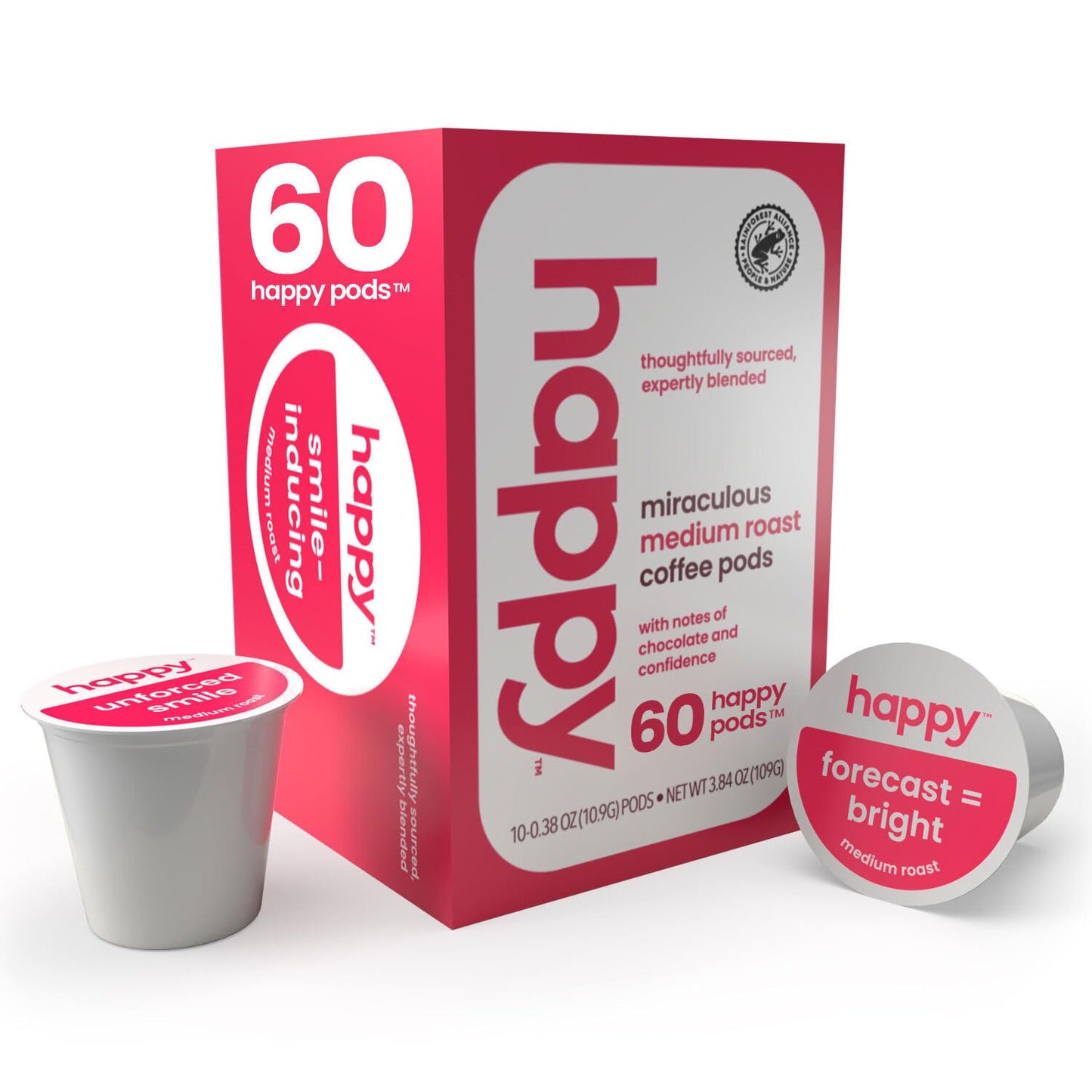 happy coffee medium roast coffee pods, 60 count, notes of chocolate & confidence, compatible with most K-cup brewers, rainforest alliance certified