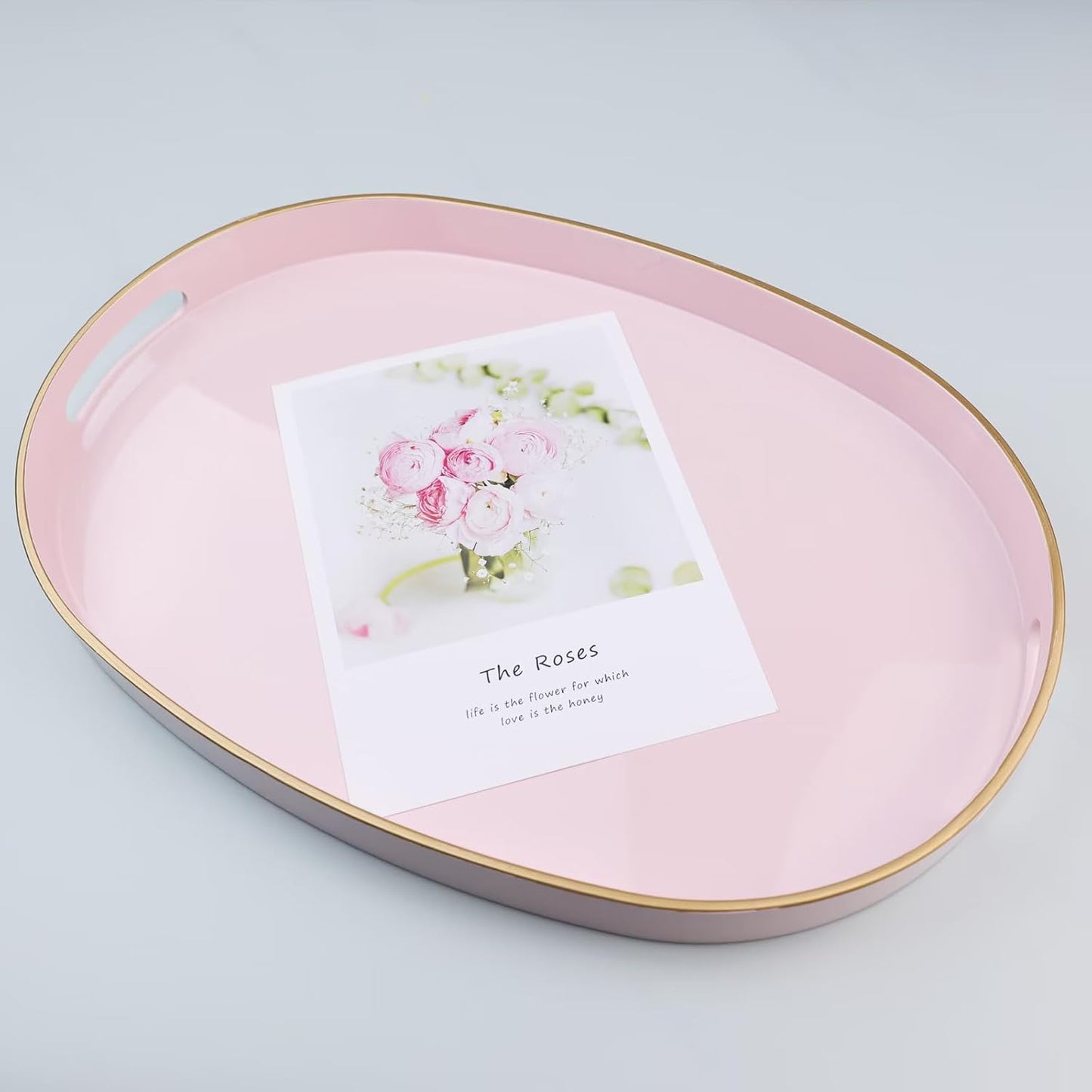 Pink Oval Decorative Tray with Handles, Versatile Serving Tray for Coffee Table, Ottoman, Ideal for Serving, Displaying, Organizing, 15.3"*10.6"*1.37"