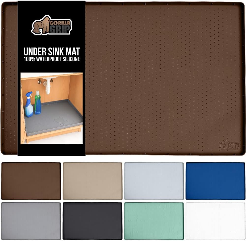 GORILLA GRIP Waterproof Silicone Under Sink Mat with Raised Lip for Kitchen and Bathroom, 46 x 22 in, Cabinet Shelf Liner Stay in Place Mats Dishwasher Safe Drawer Liner, Organizer Tray, Coffee