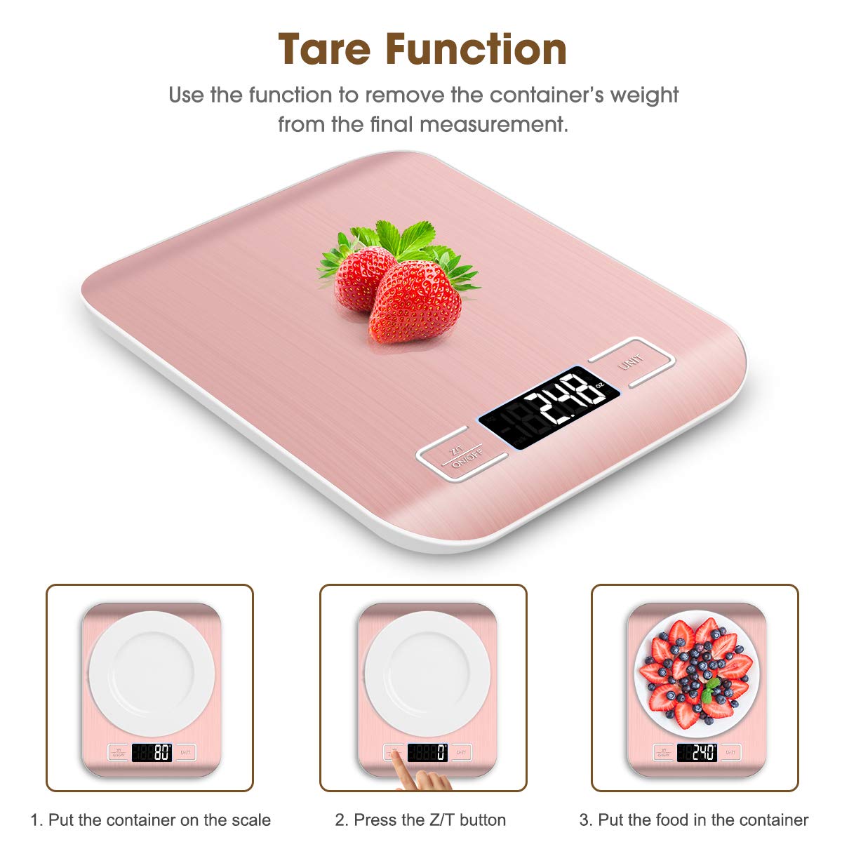 Mik-Nana Food Scale Pink, 10kg/22lb Digital Kitchen Scale Weight Grams and Oz for Baking and Cooking, 1g/0.1oz Precise Graduation, Easy Clean Stainless Steel