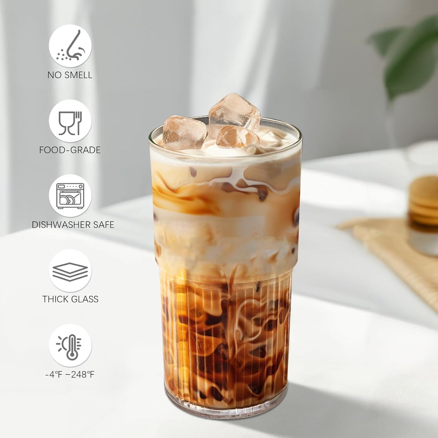 18.5oz Glass Cups with Lids and Straws - Set of 4 Reusable Tumblers, Thickened Shatter-Resistant Glass, Ideal for Iced Coffee, Smoothies, Cocktails, Juices - Elegant & Durable Drinkware