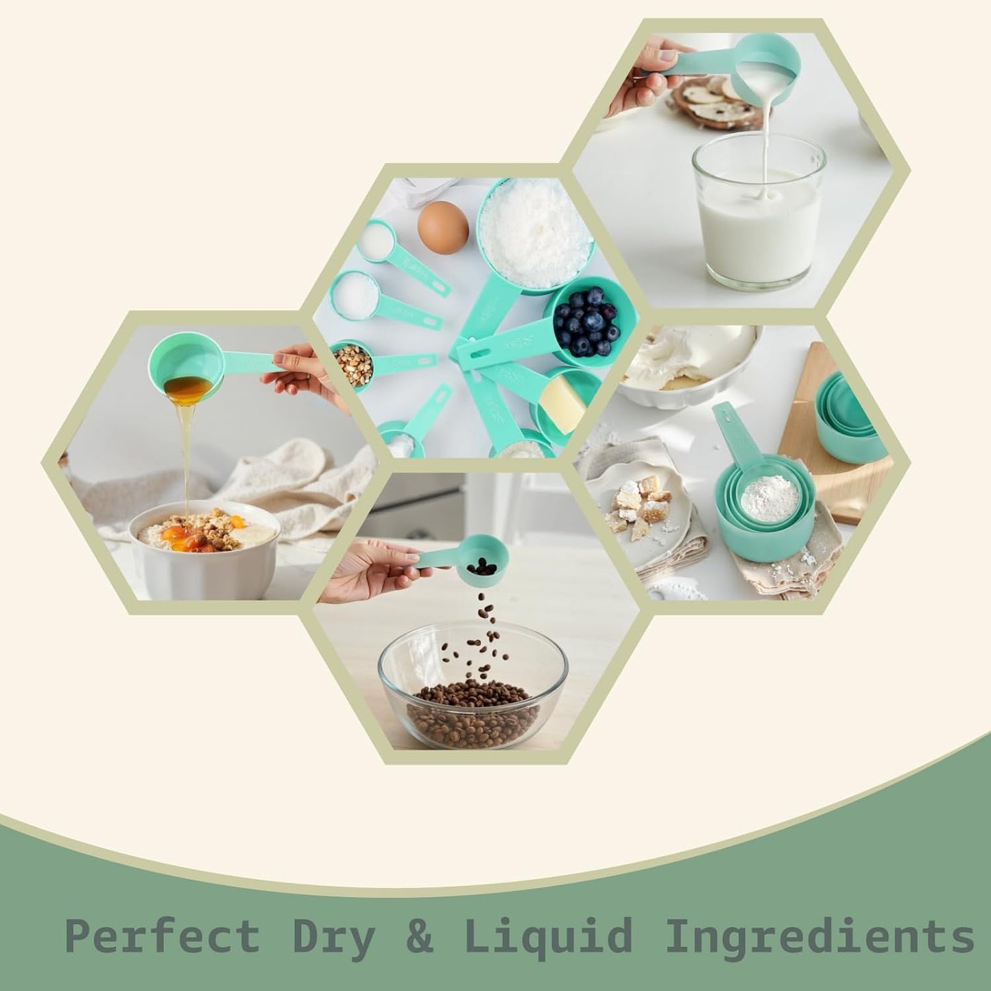 Inmorven 10pcs Measuring Cups and Spoons Set, BPA-Free Plastic Kitchen Baking Tools with Engraved Markings, Stackable Design for Dry & Liquid Ingredients (Green)