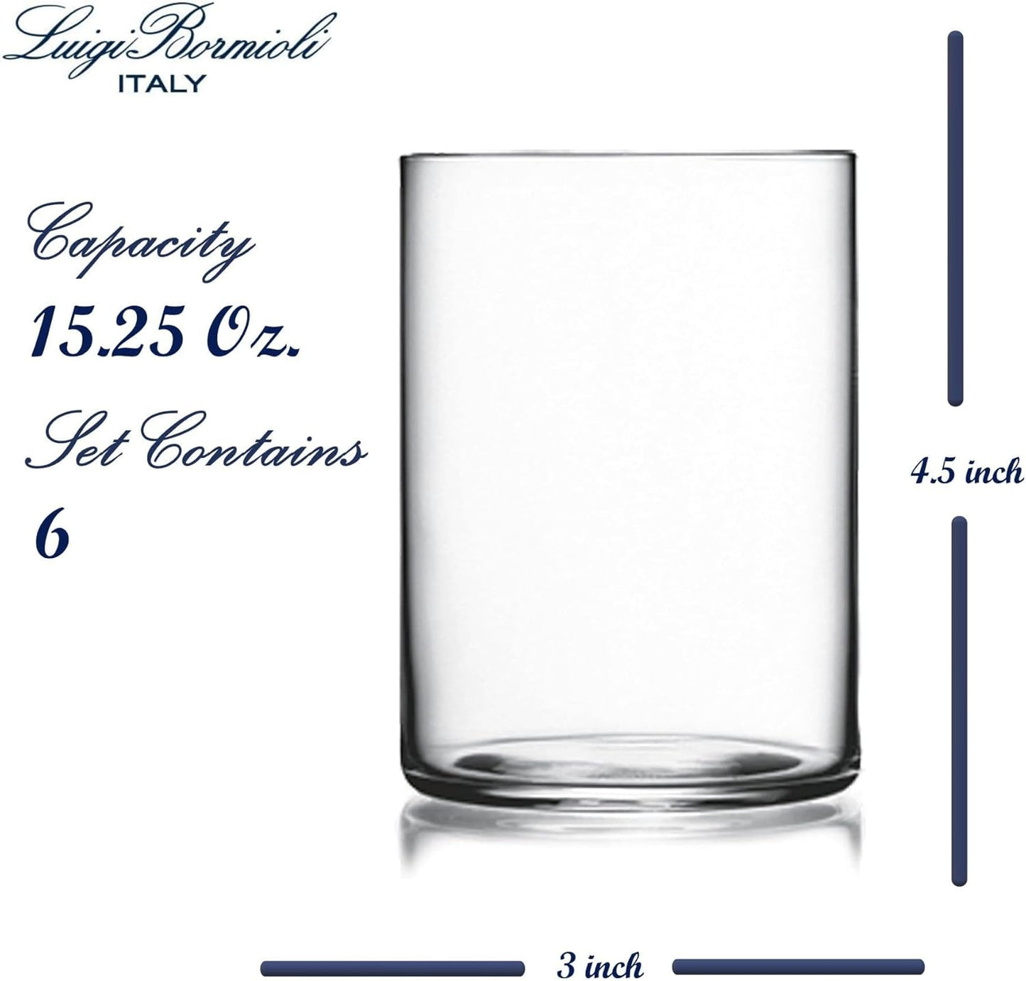 Luigi Bormioli Top Class 15.25 oz All Purpose Glasses - Set of 6 Durable Lead-Free Crystal Drinkware with Reinforced Rims & Minimalist Design - Elegant Glassware for Home or Bar Use
