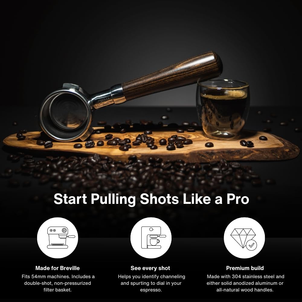 Crema Coffee Products - 54mm Bottomless Naked Portafilter - Filter Basket Included - Fits 54mm Breville Machines, Sandalwood