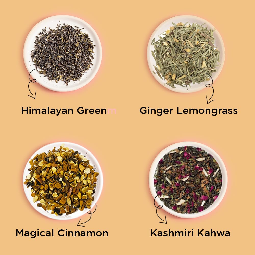 CHAYAM Tea Tranquility Gift Box – 4 Premium Loose Leaf Teas + Stainless Steel Infuser – Wellness Tea Gift – Green, Masala, Kahwa, Ginger Lemongrass – 125+ Cups / 8.82 oz