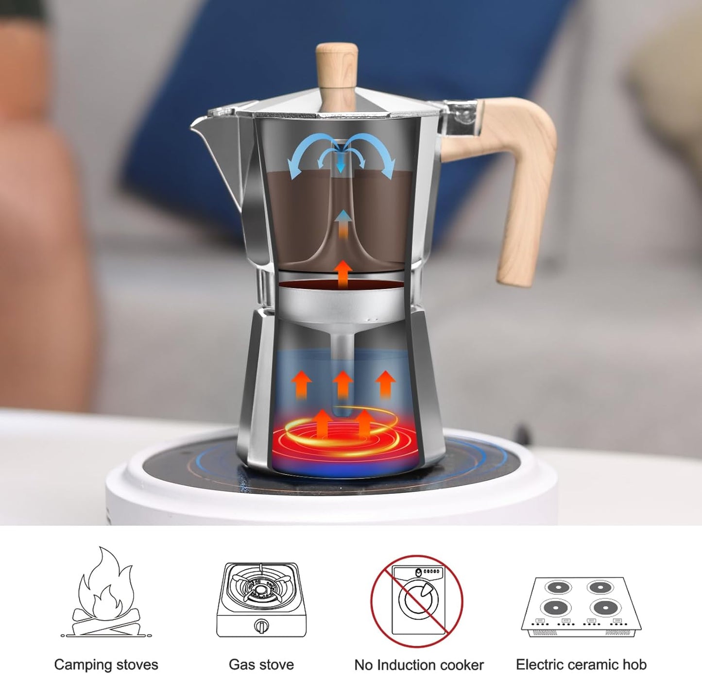 Sivaphe Aluminum Moka Pot 3 Espresso Cups, Percolator Espresso and Coffee Maker, Portable Stovetop Italian and Cuban Café Brewer for Home and Camping Sliver