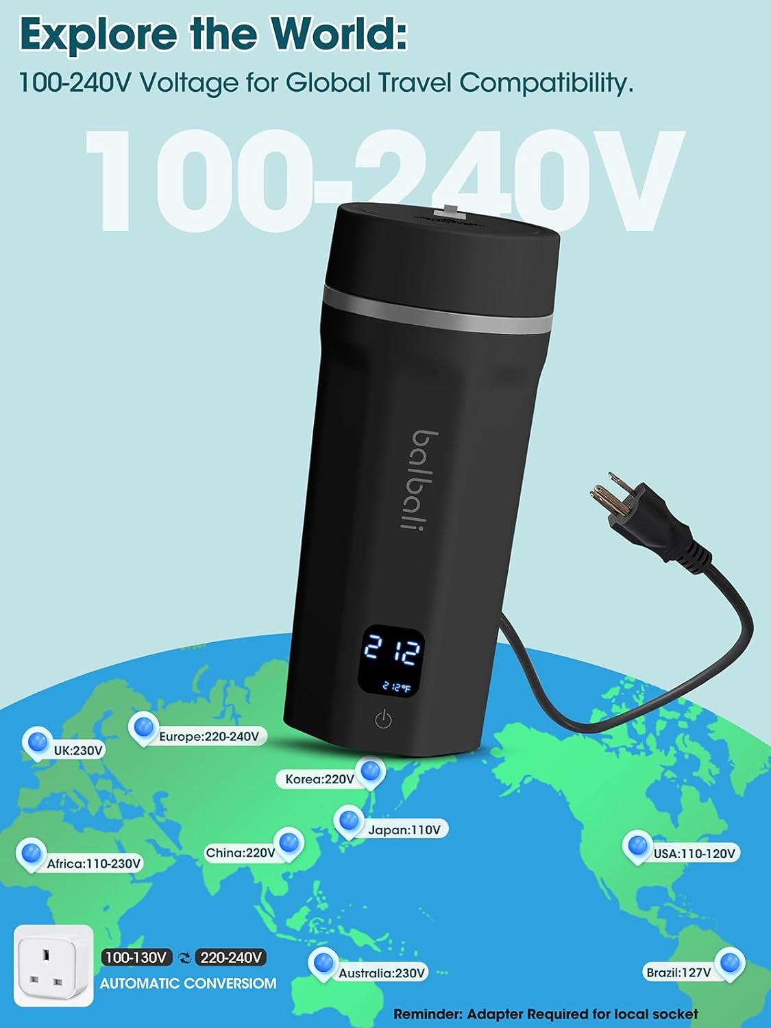 balbali 18.6oz Portable Kettle for Travel 100-250V Dual Voltage for International/Global/Europe - 6 Preset Travel Electric Kettle Hot Water Boiler/Heater/Warmer/Tea Maker - Black