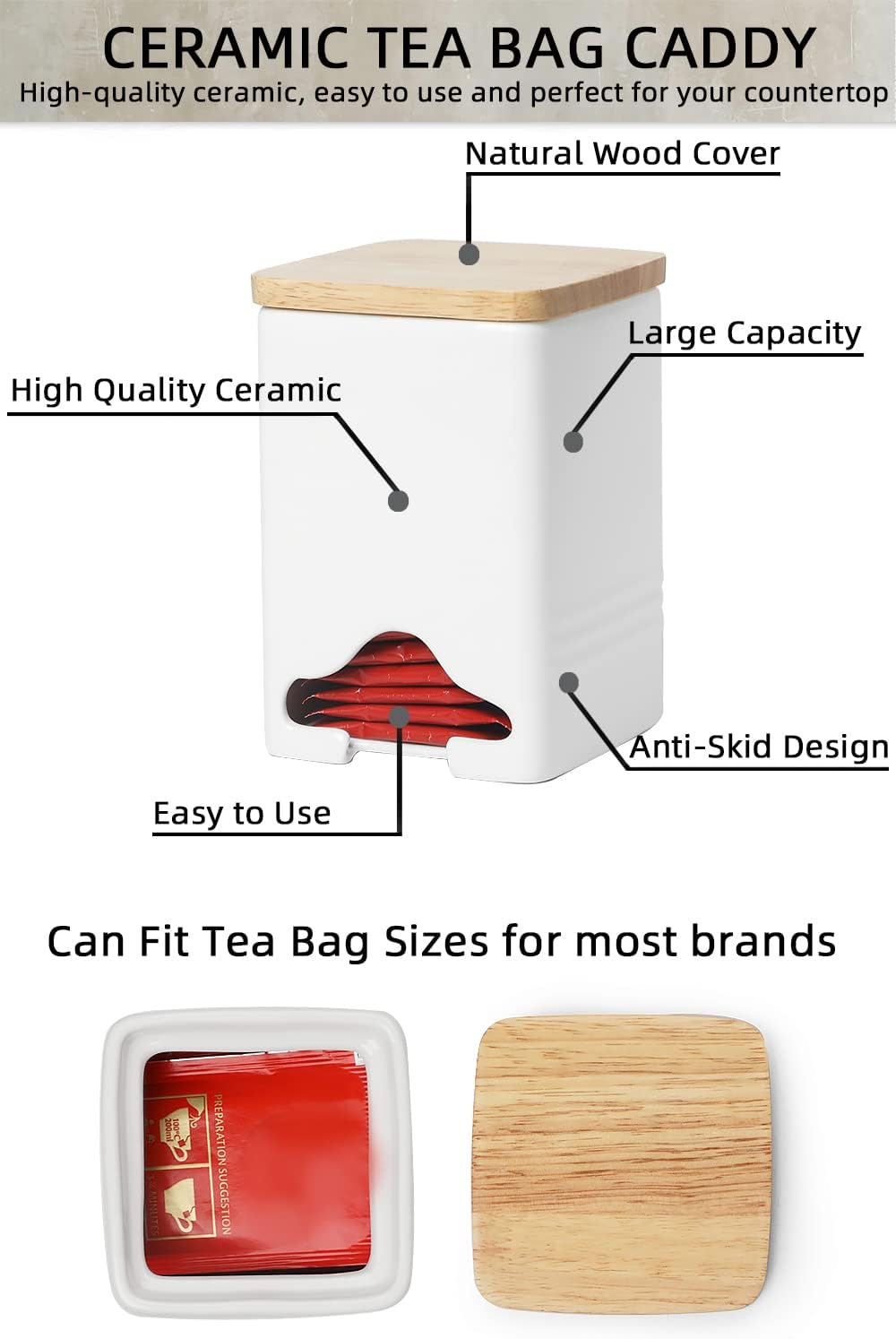 Ceramic Tea Bag Storage Organizer Caddy Holder with Lid (White)