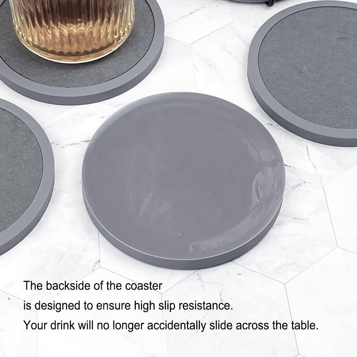 Absorbent Coasters for Drinks with Holder - 6packs, Silicone Coaster with Soft Felt Insert (4.3 inch Coasters with 4.5 inch Holder, Grey)