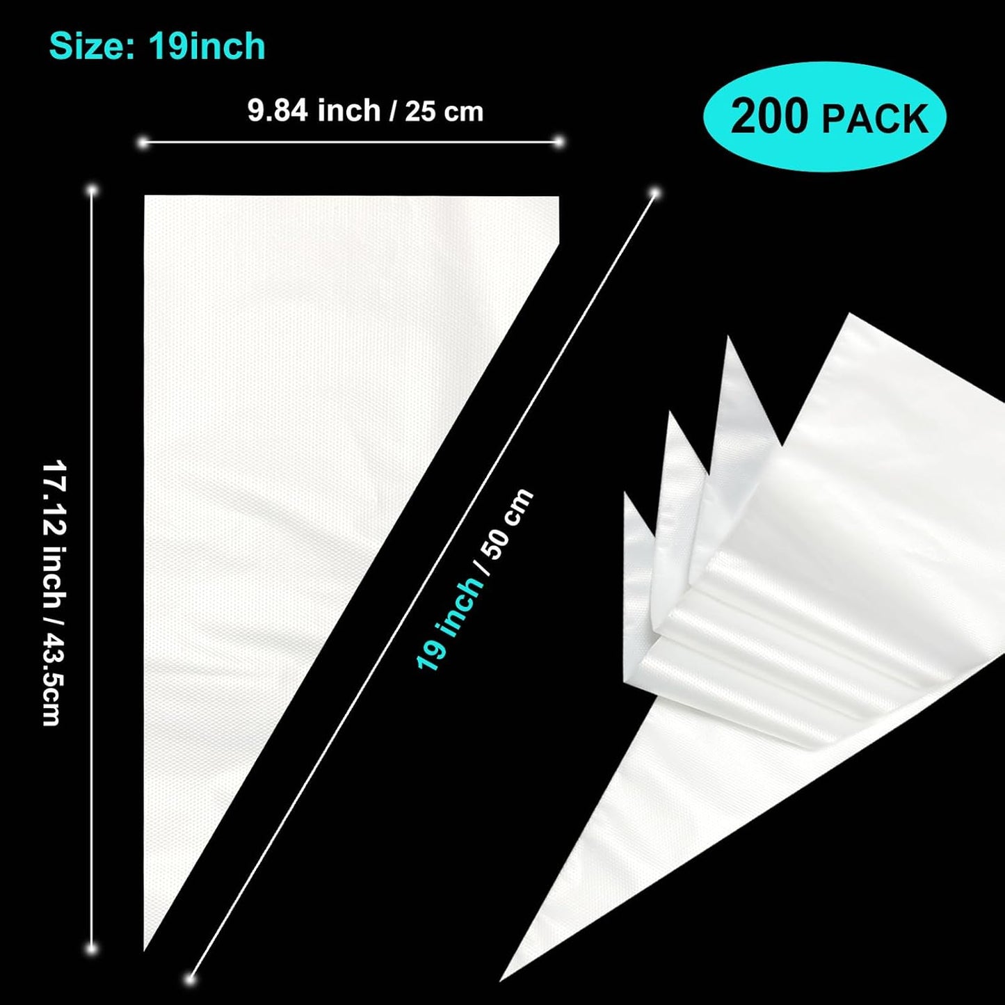 19-Inch Icing Bags Heavy Duty, AMBESTAR 200 Pieces Thick Anti-Burst Disposable Decorating Bags for all Size Tips Couplers and Baking Cookies Candy Supplies Kits, Large Cake Decorating Tools