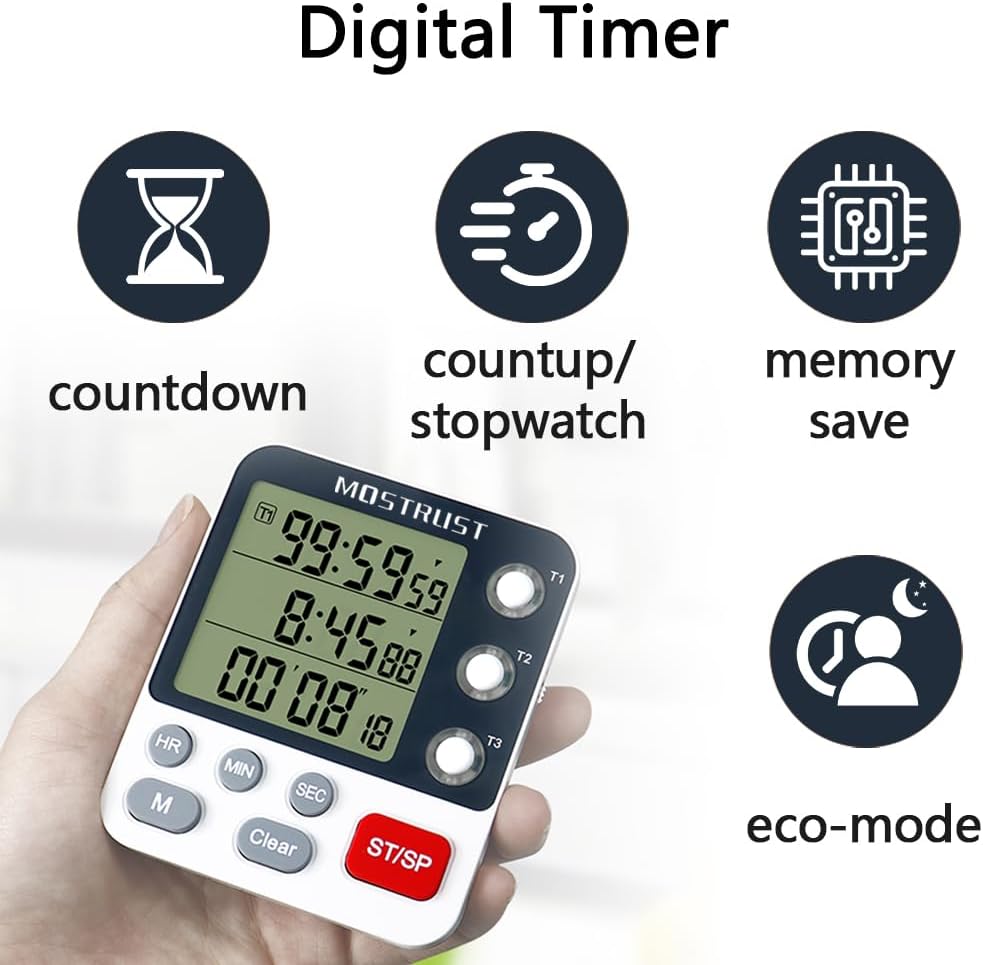 Digital Dual Kitchen Timer, 3 Channels Count Down/Up Triple Timer for Cooking, Magnetic Memory-Preset Large Display Adjustable Alarm Volume, Multi Times Management, 3A Battery Included, White