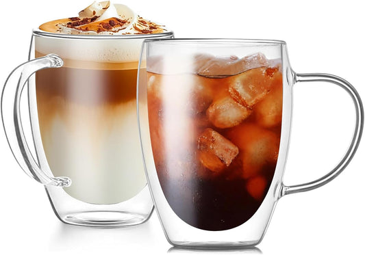 12OZ Double Wall Glass Cups With Handle, Large Glass Mugs Espresso Cups Set of 2, 330ML Clear Coffee Cup, Double Wall Insulated Mugs, Microwave Dishwasher Safe