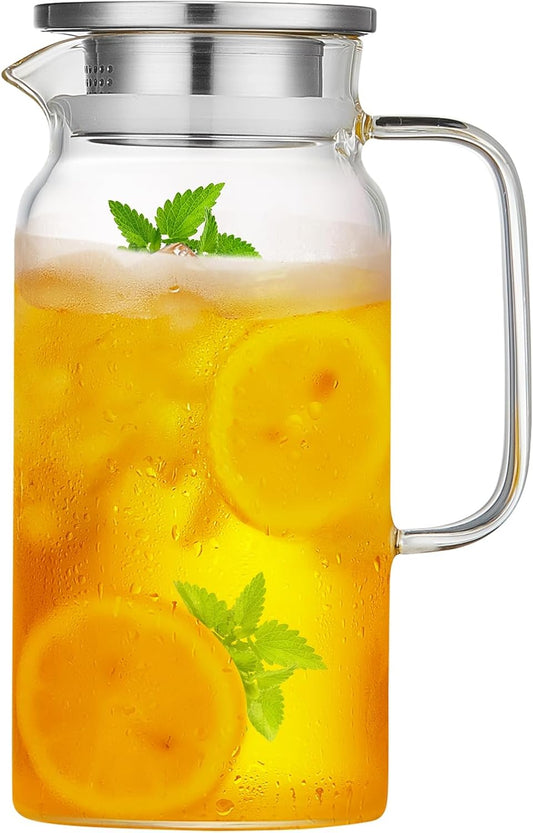 42OZ Glass Pitcher with Lid and Spout, Water Jug, 1250ml Carafe for Hot/Cold Water, Large Iced Tea Pitcher for Coffee, Juice and Homemade Beverage