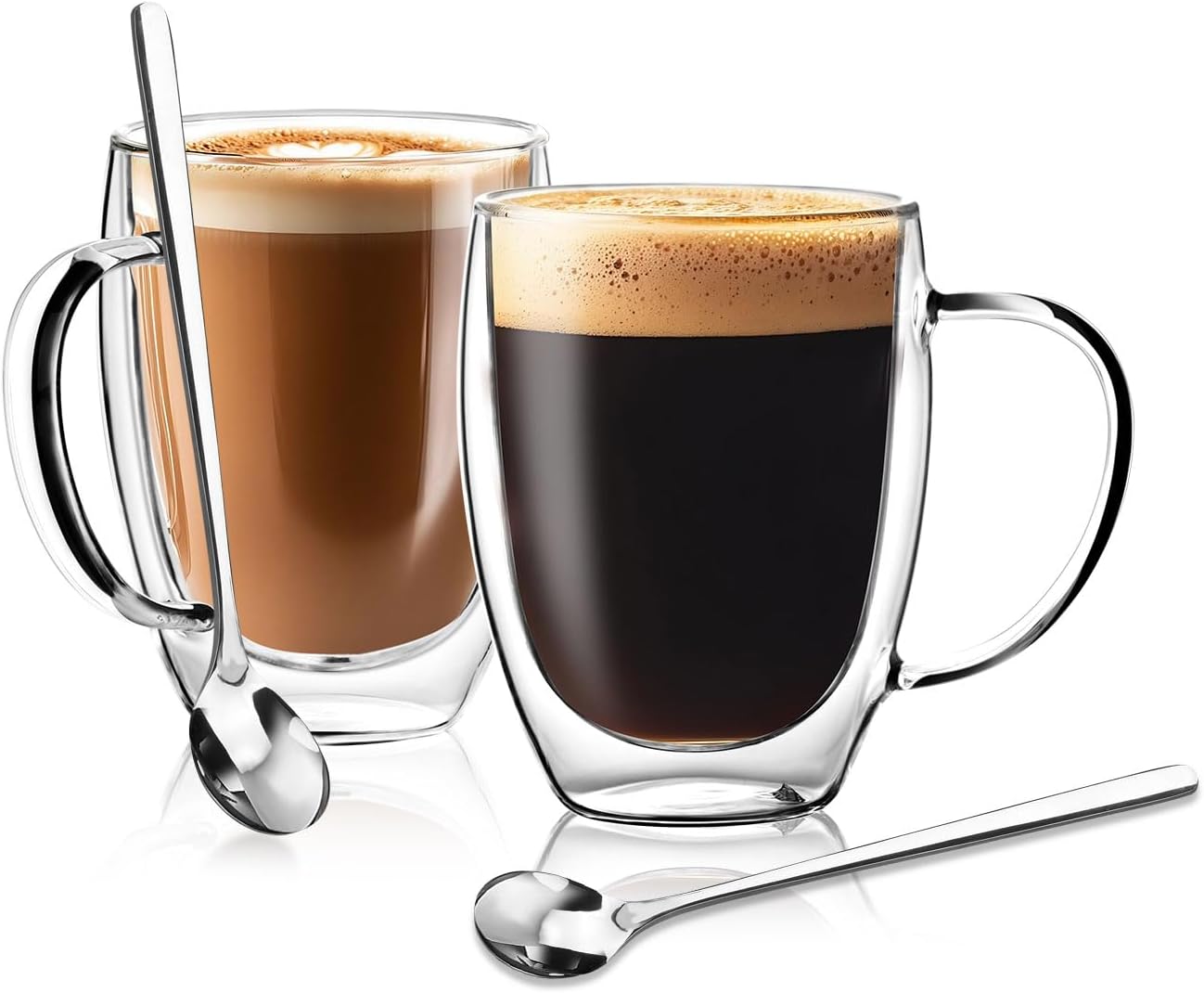 Double Wall Glass Coffee Mugs 12 OZ, Clear Coffee Cup With Handle,Insulated Coffee Mugs Set of 2 With Spoons Perfect for Espresso, Cappuccino, Latte, American,Tea Bag, Beverage