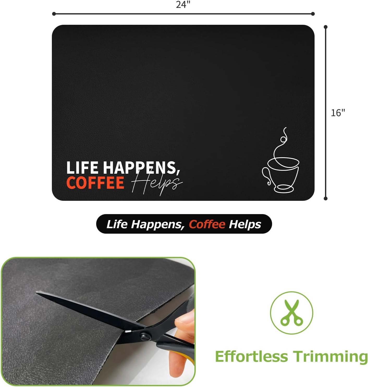 Matace Designer Coffee Bar Mat, Large 16 x 24 Inches, Rubber Backing, Absorbent Coffee Maker Mats for Dish Drying, Kitchen Countertop, Life Happens Coffee Helps, Black