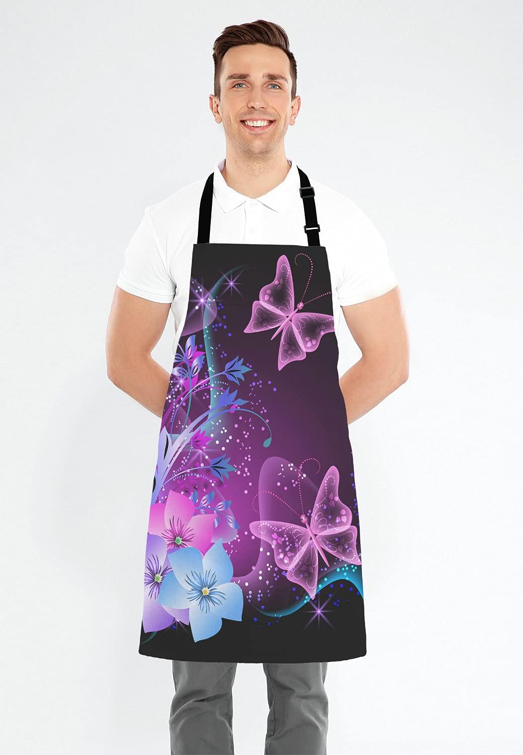 Purple Apron, Pink Purple Butterfly and Flowers Adjustable Bib Apron Kitchen Cooking Baking Gardening Apron for Women Men