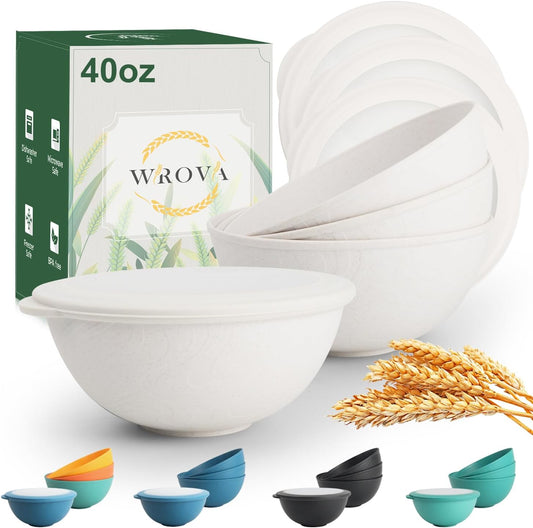 alternative plastic bowl set with lids,unbreakable wheat straw bowls 40oz suitable for indoors and outdoors,overnight foods container with cover. White