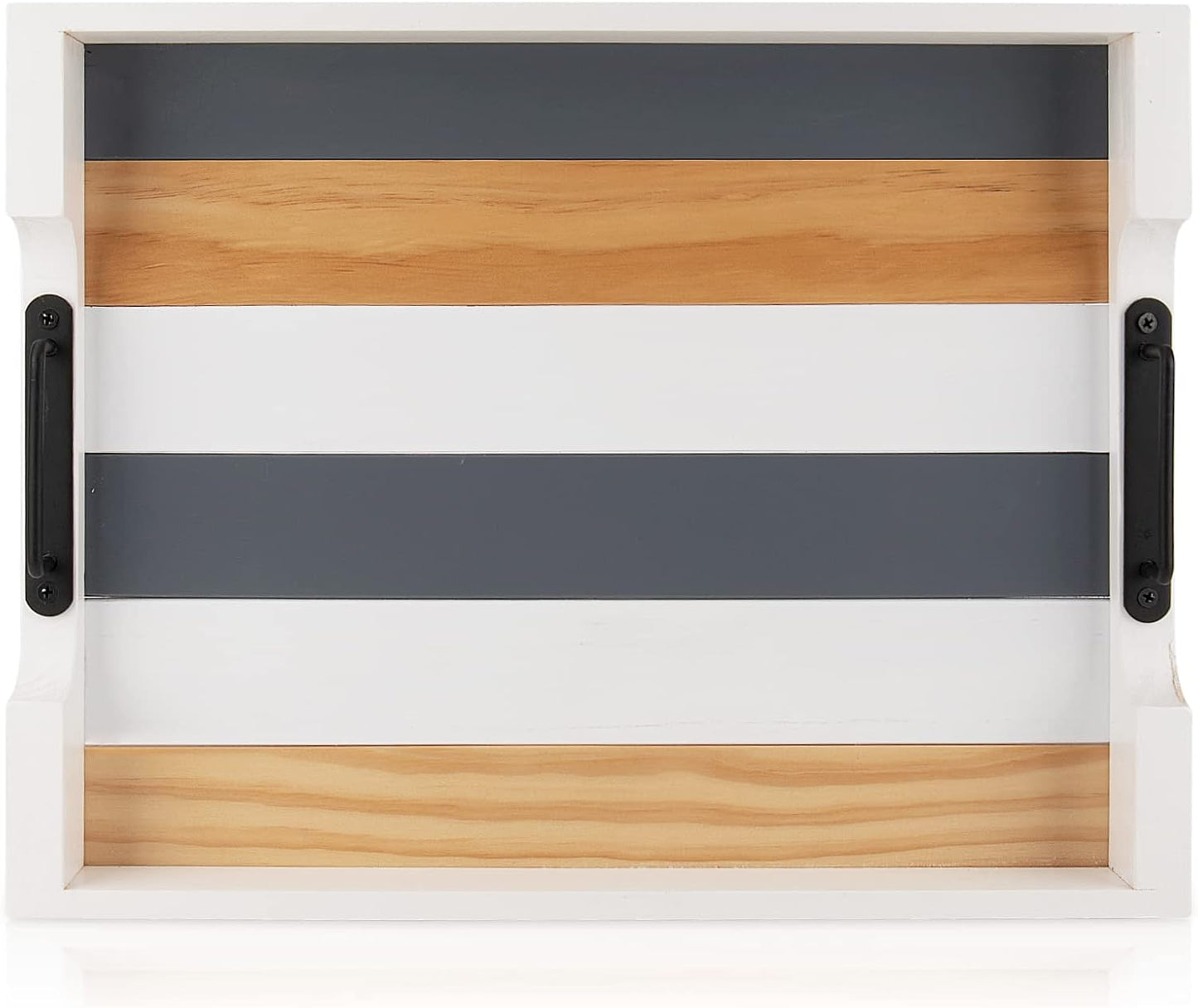 Wood Serving Tray with Metal Handle for Ottoman, Modern Rectangle Coffee Table Tray for Food Eating, White Decorative Tray, Size 17''x13'', Multicolor