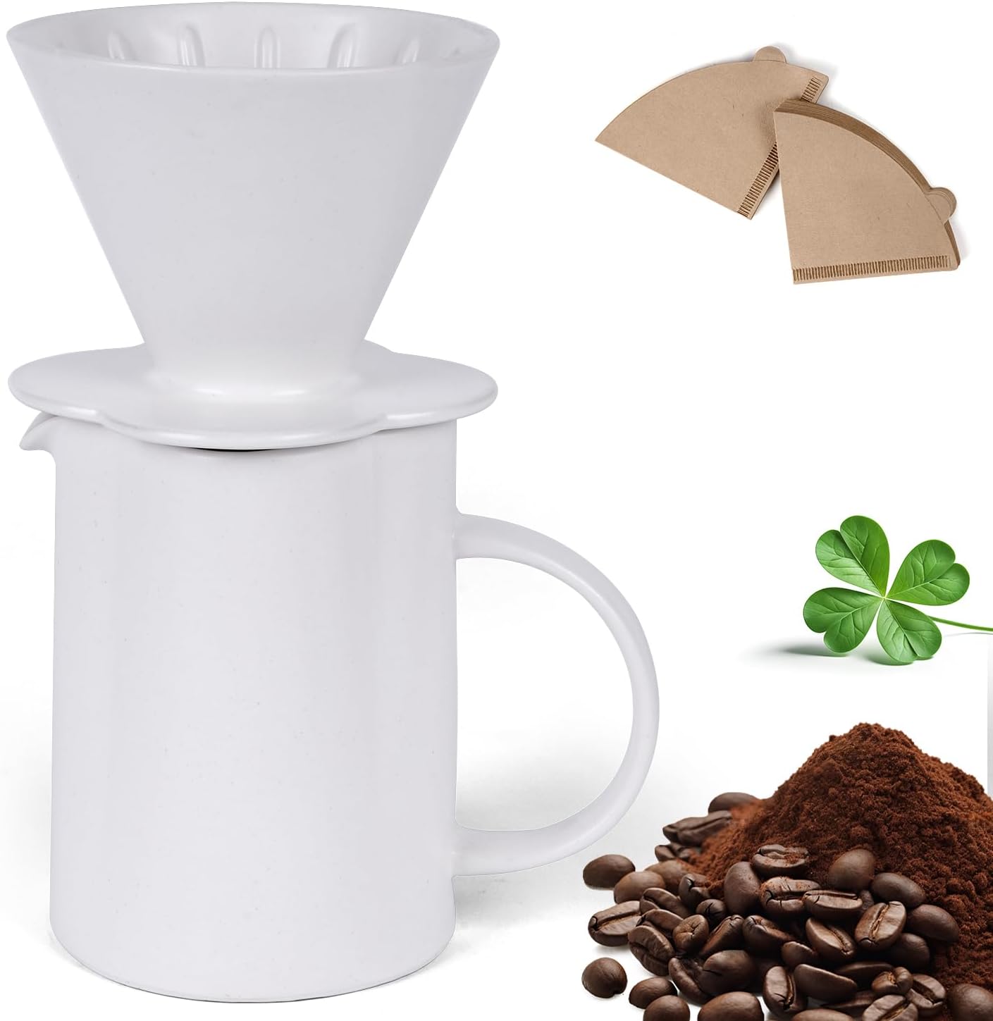 AZYM Pour Over Coffee Maker Set,V60 Coffee Dripper with 20 Count Paper Coffee Filters,Four-Leaf Clover-Shaped Drip Coffee Maker,Vintage Ceramic Carafe,for Home Brewing,Camping,17.5 oz (White)