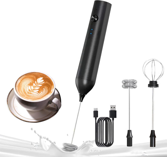 YARRAMATE Electric Milk Frother Wand, Fast Rechargeable Coffee Mixer with 2 Heads 3 Speeds, Handheld Drink Stirrer, Whisk Foam Maker for Lattes, Cappuccino, Matcha, Hot Chocolate (Black)