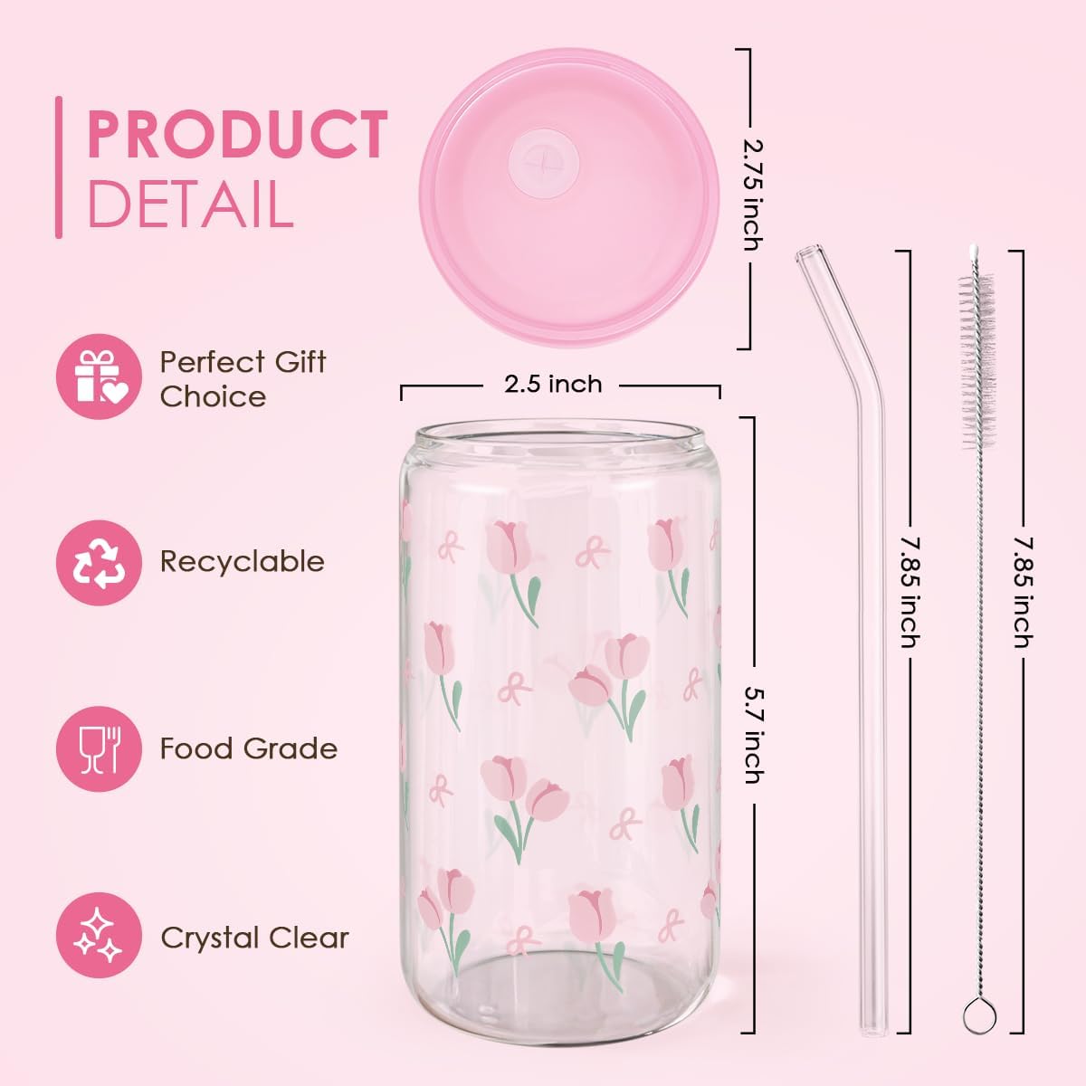 SANDJEST Floral Glass Can, Tulip Iced Coffee Aesthetic Cup, Gift for Christmas Birthday, Gifts for Women Girls, 16oz