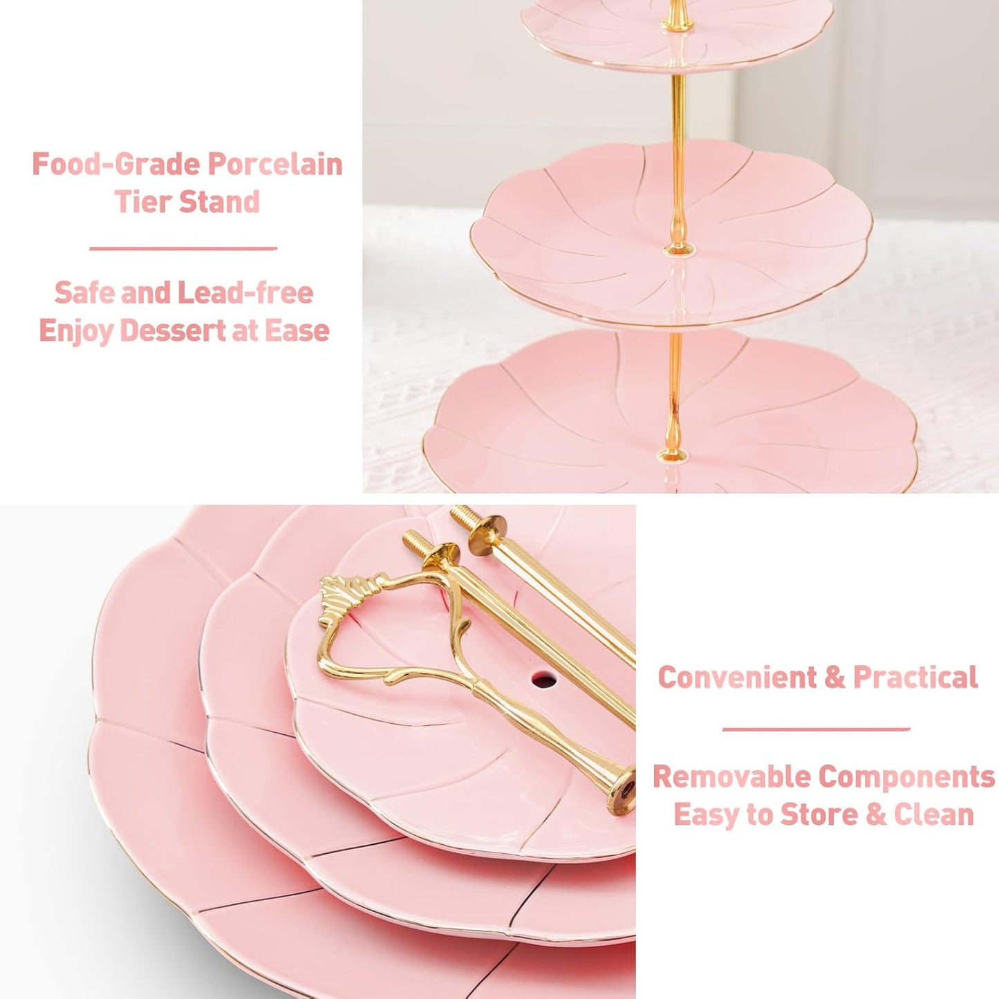 DUJUST Luxury Porcelain 3-Tier Cupcake Stand Tower, British Style Serving Tray with Golden Trim, Food Grade Dessert Display Stand, Beautiful Gift for Tea Party & Home Décor - Pink