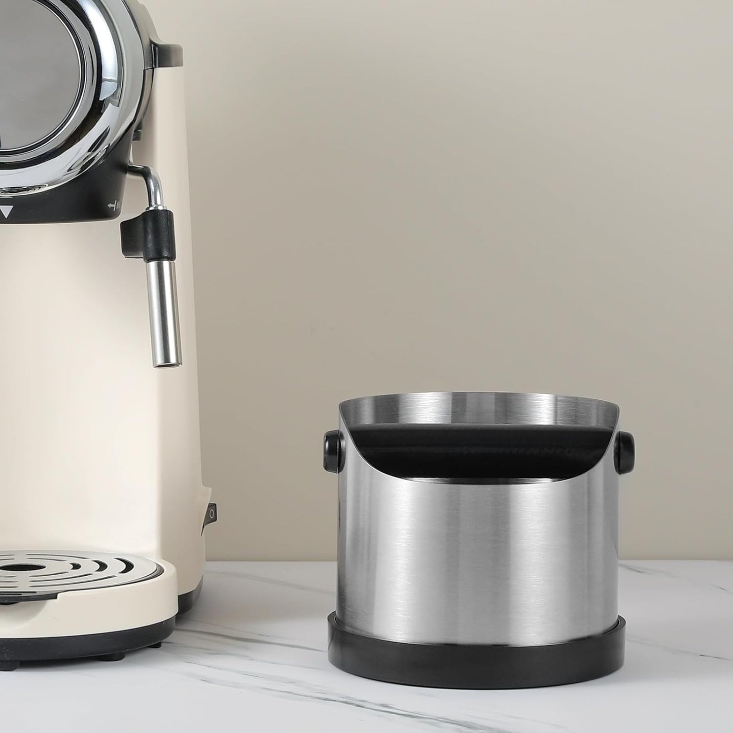 Coffee Grounds Knock Box, Small Stainless Steel Espresso Coffee Knock Box, Coffee Grind Knock Out Box with Removable Knock Bar and Coffee Brush, Coffee Grounds Container with Non-Slip Base