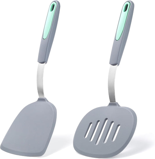 To encounter 2 Pieces Silicone Spatula set, Non-Stick Turner Spatulas, Heat Resistant Silicone Cooking Flipper for Eggs, Fish, Pancakes, Light Grey