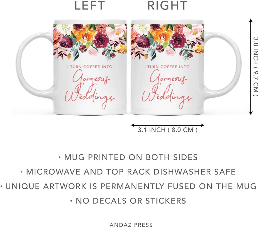 Andaz Press 11oz. Wedding Ceramic Coffee Tea Mug Gift for Wedding Planner, Fall Autumn Burgundy Orange Peach Flowers Roses Florals, I Turn Coffee Into Gorgeous Weddings, 1-Pack, Includes Gift Box