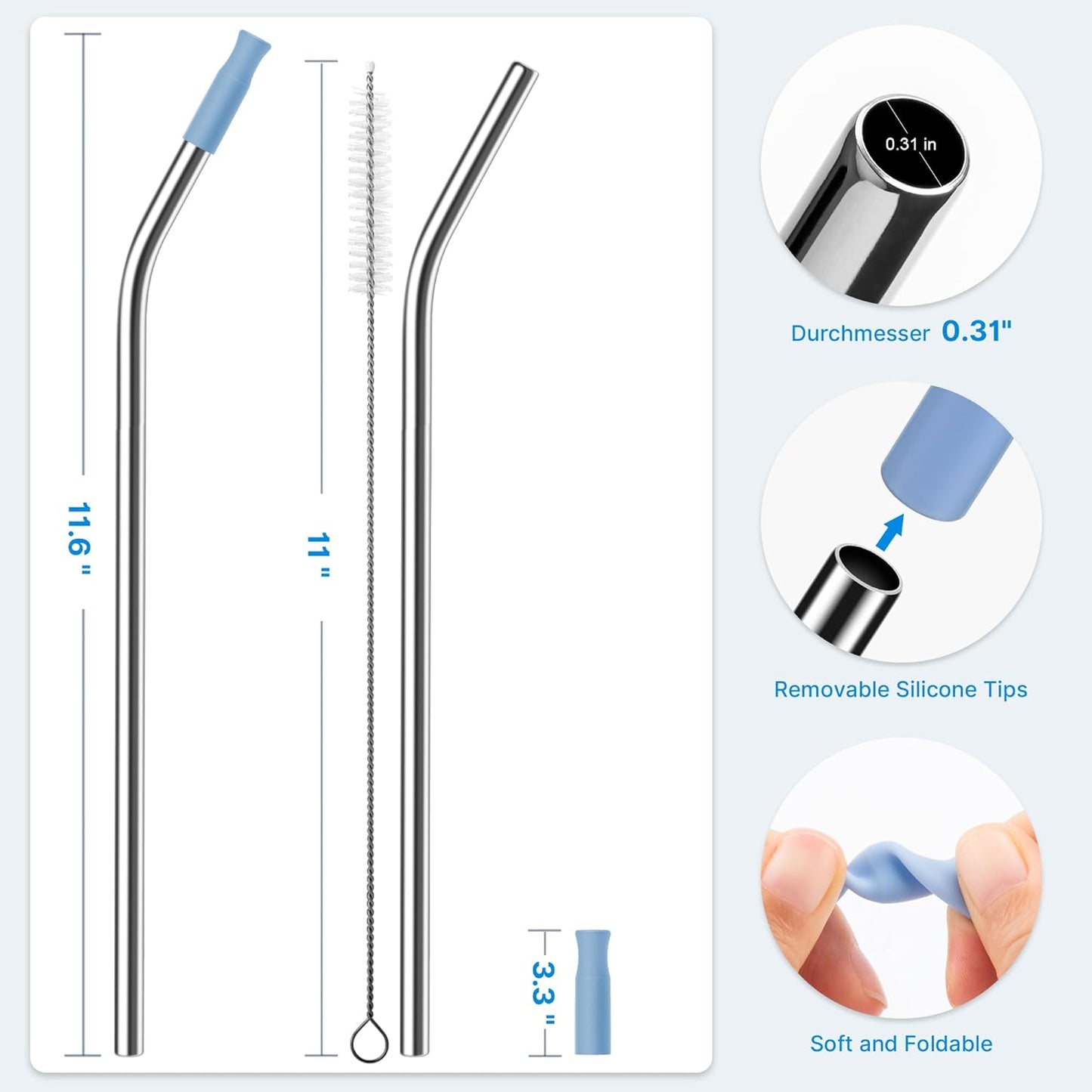 2 Pcs Stainless Steel Straw with Silicone Tips for 30 oz Stanley Tumbler, Repeatable 30 oz Metal Straws for Stanley Adventure Quencher Travel Tumbler Cup, BPA Free（Light Blue）