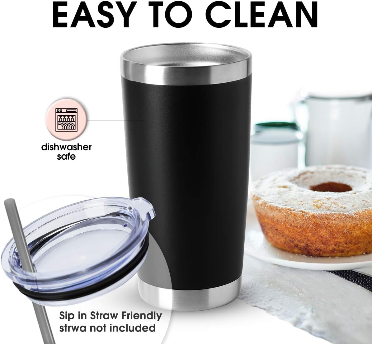 HASLE OUTFITTERS 20oz Stainless Steel Tumblers Bulk, Insulated Travel Cup with Lid, Double Wall Vacuum Coffee Mug for Cold & Hot Drinks 4 Pack, Black