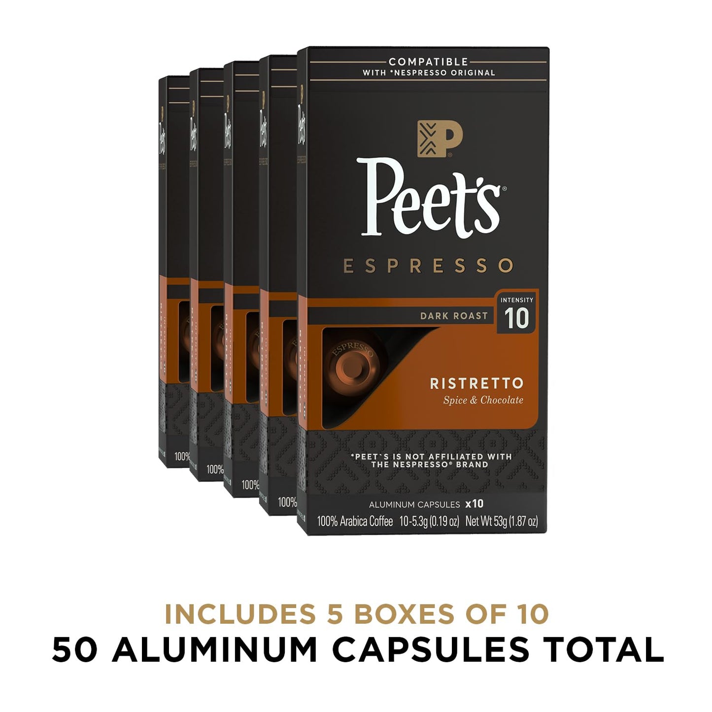 Peet's Coffee, Dark Roast Espresso Capsules, Compatible with Nespresso Original Machine - Ristretto Intensity 10, 50 Count (5 Boxes of 10 Espresso Capsules)