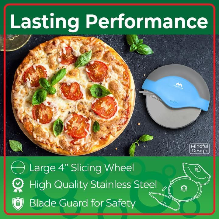 Mindful Design Pizza Cutter Wheel with Protective Blade Cover, Easy to Clean and Dishwasher Safe Ergonomic Pizza Slicer (Blue)