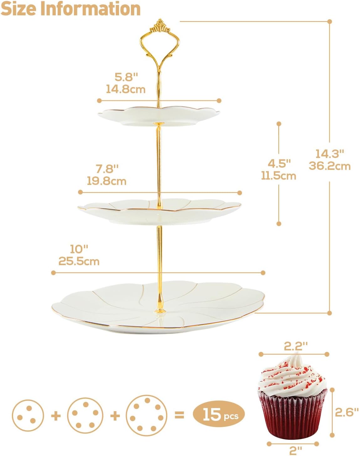 DUJUST Luxury Porcelain 3-Tier Cupcake Stand Tower, British Style Serving Tray with Golden Trim, Food Grade Dessert Display Stand, Beautiful Gift for Tea Party & Home Décor